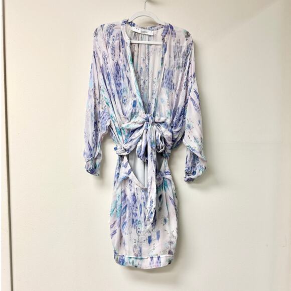 IRO Paris Keita Kimono Sleeve Printed Cutout Mini Dress Blue Multi Women 40 / 8 - Picture 2 of 5